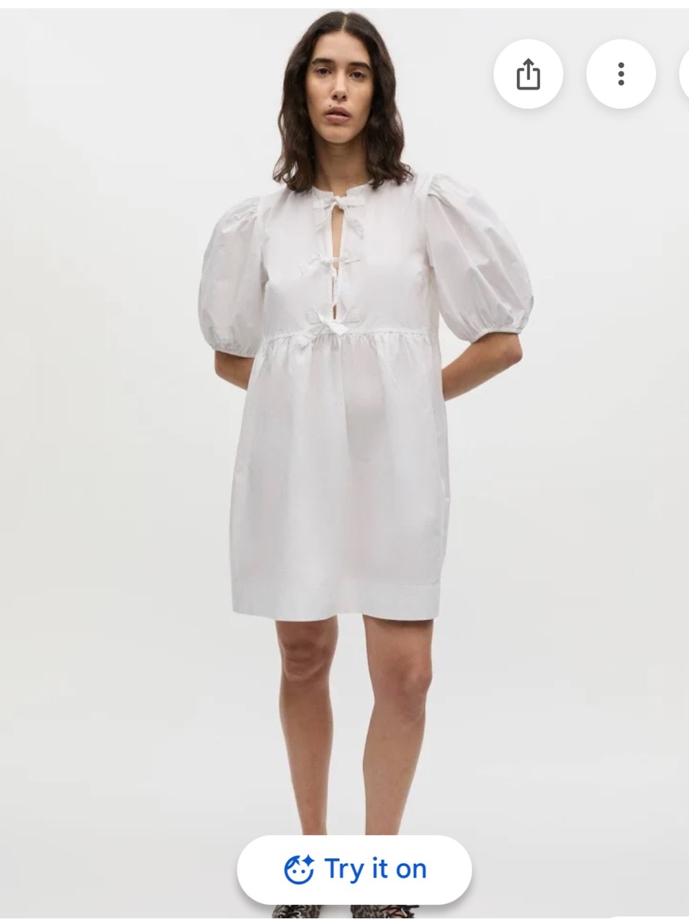 Ganni Organic Cotton White Mini Dress with Bow Details